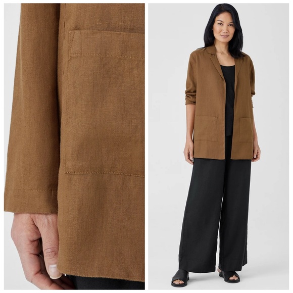 EILEEN FISHER L NEW Organic Linen Open Front Long Blazer in Bronze Office Casual - Picture 11 of 12